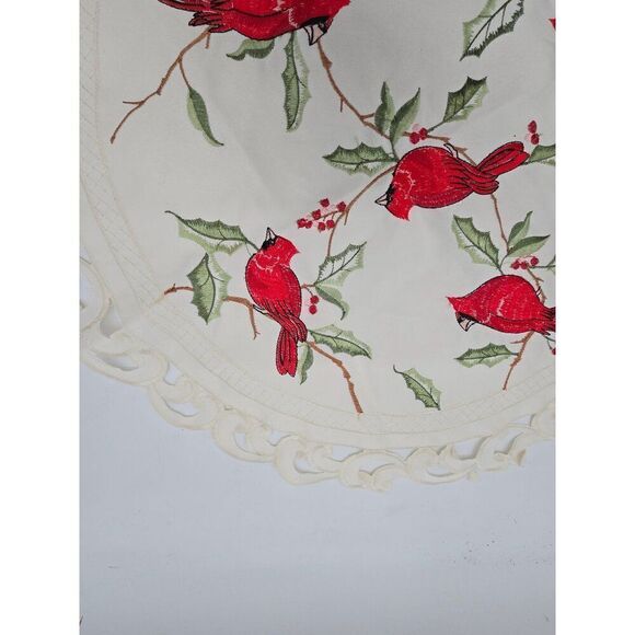 Round Christmas Red Cardinal Embroidered Lace Table Topper 16" - Picture 5 of 10